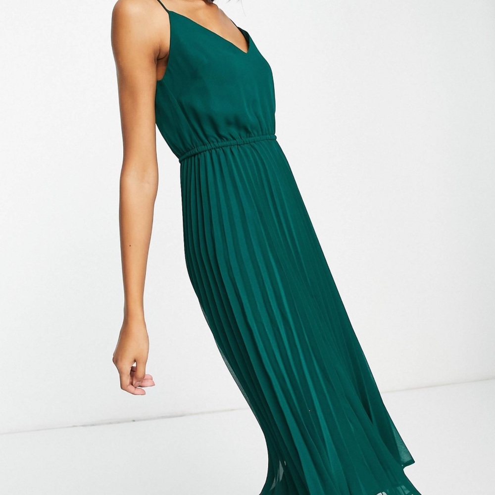 ASOS pleated cami midi dress with drawstring waist in forest green - Picture 2 of 8